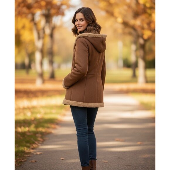 Vtg 90s Esprit Brown Faux Suede Sherpa Lined Embroidered Hooded Jacket | Boho M - Picture 11 of 16